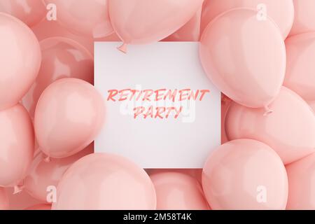 Weißer Schilderrahmen mit der Nachricht "RUHESTANDSPARTY" umgeben von rosa Luftballons. Das Gruß-Fest-Konzept für den Ruhestand. 3D-Rendering. Stockfoto