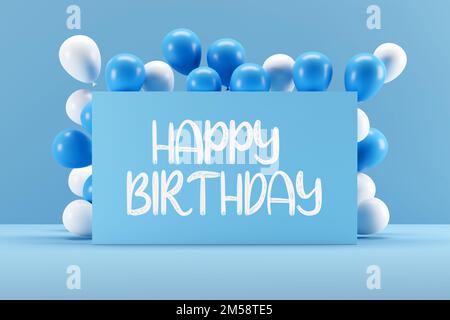 Blaues Schild mit der Nachricht HAPPY BIRTHDAY eingerahmt mit pinkfarbenen Luftballons. Geburtstagskarte. 3D-Rendering. Stockfoto