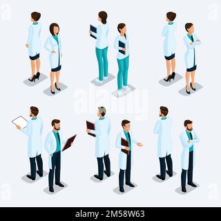 Trendige isometrische Menschen. Medizinisches Personal, Krankenhaus, Arzt, Krankenschwester, Chirurg. Menschen im Vordergrund, in Stehposition. Vektordarstellung. Stock Vektor