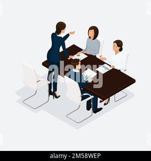 Isometrische Leute, Geschäftsmänner, 3D Geschäftsfrau. Diskussion, Verhandlungskonzepte, Brainstorming. Direktor Skold Untergebene. Stock Vektor