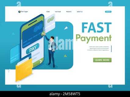Ein junger Mann tätigt eine Online-Zahlung über eine mobile Anwendung. Konzept Der Schnellen Zahlung. 3D isometrisch. Landing-Page-Konzepte und Webdesign. Stock Vektor