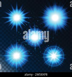 Ein Stern mit Leuchteffekt, das Sonnenlicht leuchtet blau mit Glitzern auf einem transparenten Hintergrund. Vektordarstellung. Stock Vektor