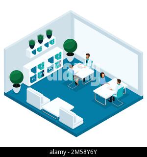 Trendige isometrische Menschen, ein Krankenhauszimmer, Arztpraxis, der Arzt empfängt Patienten, der Chirurg, der Patient sind auf einem hellen Hintergrund isoliert Stock Vektor