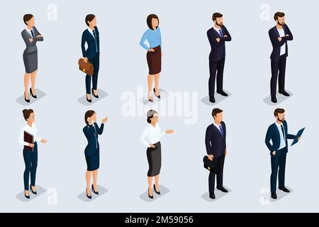 Isometrische Gruppe von Männern und Frauen in Geschäftskleidung, eines Unternehmenskodexes von Geschäftsleuten. Geschäftsleute mit grauem Hintergrund, isoliert. Vektor-Illustration Stock Vektor