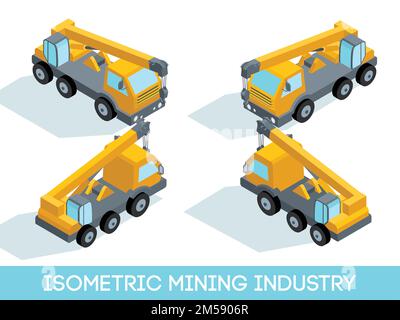 Isometrische 3D-Symbole für den Bergbau setzen ein 7-Bild von Bergbaumaschinen und Fahrzeugen isolierte Vektordarstellung. Stock Vektor