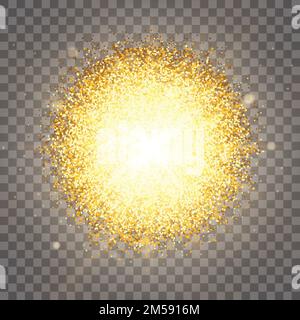 Der Effekt von Partikeln, die auf einem goldenen Glitzer fliegen, sorgt für glänzenden Staub luxuriöser Hintergrund mit hohem Design. Der Einfluss der Sonnenlichtbeleuchtung. Luxuriöses Gold Stock Vektor