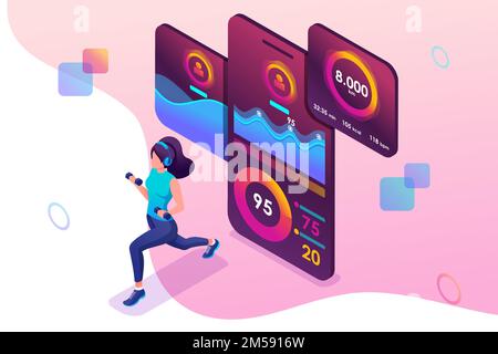 Das isometrische Konzept des jungen Mädchens während des Krafttrainings. Die mobile App trackt über das GPS-Signal. Konzept für Webdesign. Stock Vektor