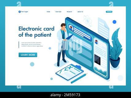 Der Arzt sieht sich die elektronische Krankenakte des Patienten auf der Tablette an. Gesundheitskonzept. 3D isometrisch. Landing-Page-Konzepte und Webdesign-01. Stock Vektor