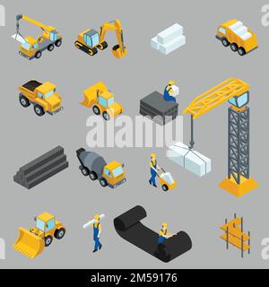 Isometrische Symbole für Bauarbeiter, Krane, Maschinen, Energie, Transport, Kleidung, Busse auf grauem Hintergrund. Stock Vektor