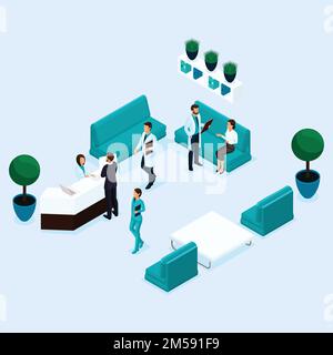 Trendige isometrische Menschen, Empfang, Arztgespräch mit dem Patienten, Chirurg, medizinisches Personal, Krankenschwester, aufnehmende Patienten werden auf einem hellen Rücken isoliert Stock Vektor