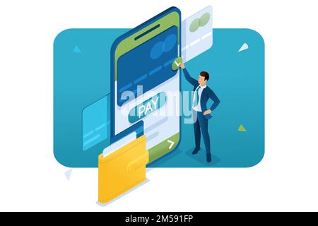 Ein junger Mann tätigt eine Online-Zahlung über eine mobile Anwendung. Konzept Der Schnellen Zahlung. 3D isometrisch. Konzept für Webdesign. Stock Vektor