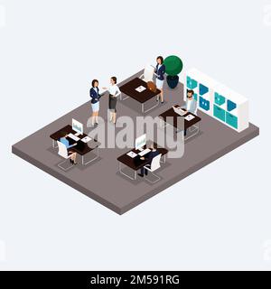 Isometrischer Raum, mehrstöckiges Büro, Büroangestellte, 3D Geschäftsleute und Frauen, Möbel isoliert. Vektordarstellung. Stock Vektor