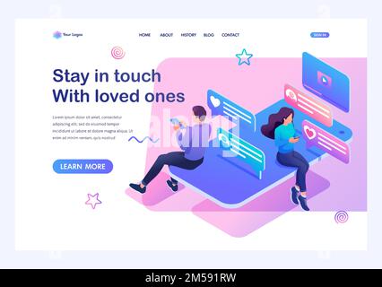 Isometrisches Konzept Smartphone und soziale Netzwerke für Teenager eine Möglichkeit, mit ihren Lieben in Kontakt zu bleiben. Ausbildung eines jungen Mannes. Landingpage für Vorlagen Stock Vektor