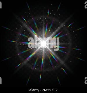 Die in verschiedene Richtungen fliegenden Partikel strahlen, Funken strahlen Staub luxuriöses Design heller Hintergrund. Sonnenlichteffekte auf einen Transponer Stock Vektor