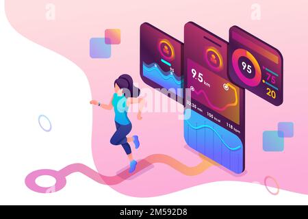 Isometrisches Konzept Joggen junge Mädchen, Laufen mobile App verfolgt das Workout, das GPS-Signal. Konzept für Webdesign. Stock Vektor