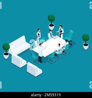 Trendige isometrische Personen, Arztpraxis, Personal, Krankenhauspersonal, Chirurgen und ärztliche Beratung sind auf einem hellen Hintergrund isoliert. Stock Vektor