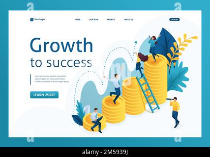 Isometrisch die erfolgreiche Zunahme der Investitionen, die Jungunternehmer untersuchen die Indikatoren. Landingpage für Vorlagen. Stock Vektor