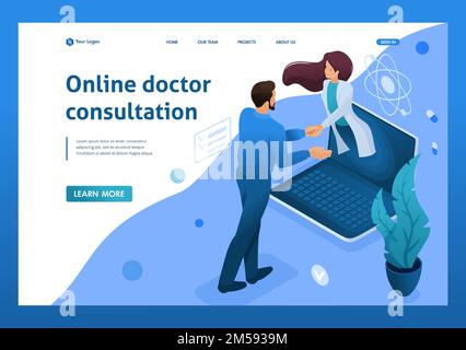 Abschluss des Vertrags über die Online-Sprechstunde des Arztes. Gesundheitskonzept. 3D isometrisch. Landing-Page-Konzepte und Webdesign. Stock Vektor