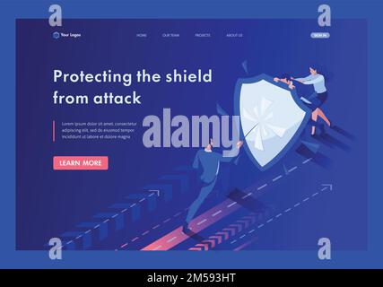 Isometrische Geschäftsmänner, die sich hinter einem Schild vor Angriffen verstecken. Landingpage für Vorlagen. Stock Vektor