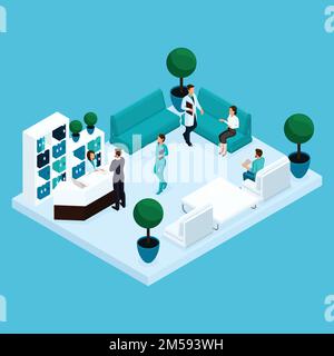 Stellen Sie trendige isometrische Personen auf. Medizinisches Personal, Krankenhaus, Arzt, Chirurg, Krankenschwester, Empfang der Patienten in der Lobby, isoliert vor hellem Hintergrund. Vektor Stock Vektor