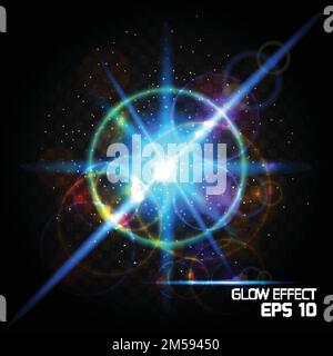 Einfluss von Teilchen, helle Lichteffekte blaue Zauberkugel. Staub glühend strahlt luxuriöses Design heller Hintergrund, heller Blendeffekt auf Kal Stock Vektor