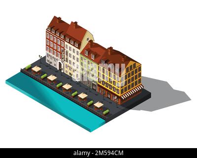 Isometrisches Symbol, 3D. Straße vom alten dov am Meer, Hotel, Restaurant, Dänemark, Kopenhagen, Paris, das historische Zentrum der Stadt, alte Gebäude. Stock Vektor