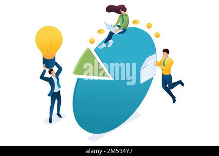 Jungunternehmer arbeiten mit Diagrammen und Gewinndiagrammen. Konzept der Teamarbeit. 3D isometrisch. Konzept für Webdesign. Stock Vektor