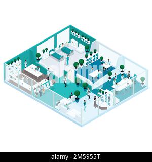 Trendy Isometrische Menschen Illustration von Krankenhäusern mit Glasfassade ist eine Vorderansicht des Krankenhauskonzepthauses, Büroleiter, Chirurg, Krankenschwester wo Stock Vektor