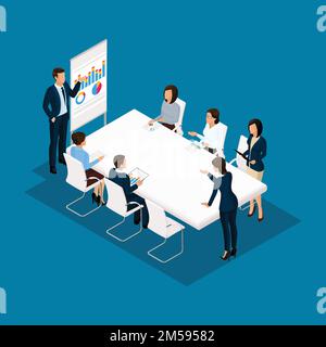 Isometrische Leute, Geschäftsmänner, 3D Geschäftsfrau. Diskussion, Verhandlungskonzepte, Brainstorming. Im Büro arbeiten, Büroangestellte auf Blau Stock Vektor