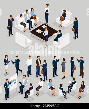 Geschäftsleute sind isometrisch eingestellt, um seine Illustrationen zu erstellen, sich mit Männern und Frauen in Firmenkleidung zu treffen, isoliert auf einem grauen Hintergrund Vektor Illustra Stock Vektor