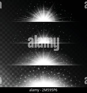 Realistische Beleuchtungseffekte festlegen. Leuchtender Stern. Licht und Glitzer auf transparentem Hintergrund. Glänzende, magische weiße Kugeln. Vektordarstellung. Stock Vektor