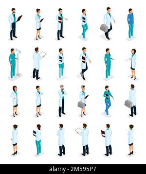 Stellen Sie trendige isometrische Personen auf. Medizinisches Personal, Krankenhaus, Arzt, Krankenschwester, Chirurg. Vorderansicht des Arztes, Rückansicht, Standposition isoliert auf weißem Bac Stock Vektor