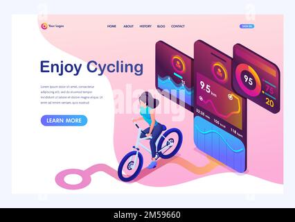 Isometrisches Konzept, junges Mädchen auf dem Fahrrad, eine mobile App verfolgt das Training, das GPS-Signal. Landing-Page-Vorlage für die Site. Stock Vektor