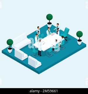 Stellen Sie trendige isometrische Personen auf. Medizinisches Personal, Krankenhaus, Arzt, Chirurg, Krankenschwester, Kommunikation, Tagung, rat, Sitzung in einem isolierten Büro auf einem Lig Stock Vektor