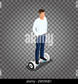 Isometrische Menschen, ein Mann, der ein Spiel spielt, 3D Fahrt, Fahrsteuerung. GyroScooter auf transparentem Hintergrund. Vektordarstellung. Stock Vektor