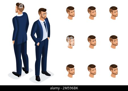 Hochwertige Isometrie, 3D ist ein solider Geschäftsmann, in einem stilvollen und schönen Anzug. Charakter mit einer Reihe von Emotionen für die Erstellung hochwertiger Vektorillustratio Stock Vektor