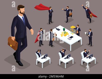 Isometrische Cartoon-Leute, 3D Geschäftsmänner und Supermänner in verschiedenen Situationen, großes Mann- und Minikonzept mit Büromitarbeitern für Vektordarstellungen. Stock Vektor