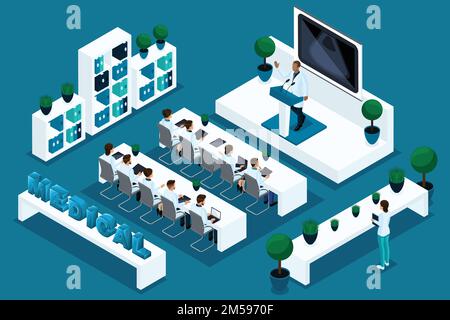 Qualitative Isometrie eine detaillierte Charakteruntersuchung. Medizinisches Personal, Ärzte, Chirurgen im Forum, öffentliche Rede. Konzept für Werbung und Prese Stock Vektor