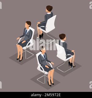 Trend Isometrische Personen 2, 3D Geschäftsfrau im Business-Anzug, sitzt auf einem Stuhl, Sicht nach vorne und nach hinten isoliert auf dunklem Hintergrund. Vektor i Stock Vektor