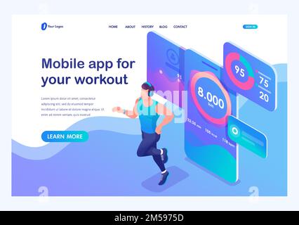 Isometrisches Konzept die mobile App verfolgt das Workout eines Mannes. Joggingsportler, Trainingsanzug-Kopfhörer. Landing-Page-Vorlage für die Site. Stock Vektor