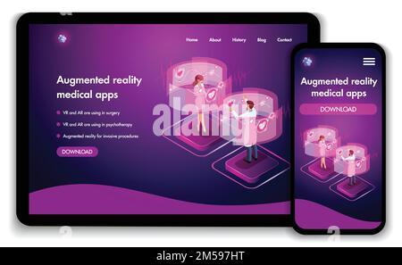 Design der Website-Vorlage. Isometrisches medizinisches Konzept der Arbeit des Arztes Augmented-Reality-Konzept. VR und AR werden in der Chirurgie verwendet. Einfach zu bearbeiten und Stock Vektor