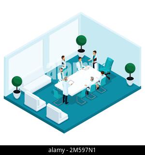 Trendige isometrische Menschen, ein Krankenhauszimmer, Arztpraxis, Personal, Krankenhauspersonal, Chirurgen und Arztbesuche sind auf einem hellen Hintergrund isoliert Stock Vektor