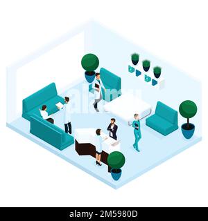 Trendige isometrische Menschen, ein Krankenhauskorridor Rückansicht, Empfang, Arztbesprechung mit dem Patienten, Chirurg, medizinisches Personal, Krankenschwester sind auf einem isoliert Stock Vektor