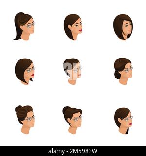 Isometrische Symbole von Kopfhaaren, 3D Gesichtern, Augen, Lippen, weiblichen Emotionen. Qualitati-Isometrie von Menschen zur Vektordarstellung. Stock Vektor