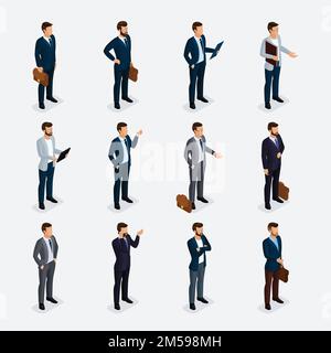 Geschäftsleute isometrisches Set mit Männern in Anzügen, Bart Styling stilvolle Frisur Schnurrbart Büro isoliert. Qualitative Studie. Vektordarstellung. Stock Vektor