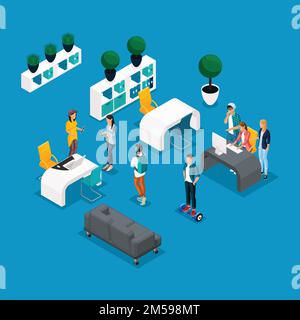 Trendige gemeinsame Arbeitsstelle für Isometrie und Gadgets, kreative Arbeit und Entspannung, eine stilvolle Einrichtung, Laptop, freiberuflich tätige Freiberufler, Künstler, Programm Stock Vektor
