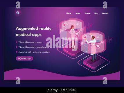 Design der Website-Vorlage. Isometrisches medizinisches Konzept der Arbeit des Arztes Augmented-Reality-Konzept. VR und AR werden in der Chirurgie verwendet. Einfach zu bearbeiten und Stock Vektor