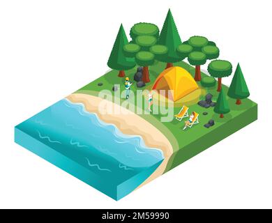 Isometrie des Campings, der Erholung junger Menschen der Generation Z auf der Natur, Wald, Meer, Strand, Ufer des Sees, Ufer des Flusses. Gesunde Lif Stock Vektor