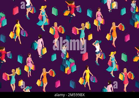 Isometrisch nahtloser Hintergrund, 3D Mädchen, Urlaub, Black Friday, Shopping, Mädchen gehen einkaufen. Stock Vektor