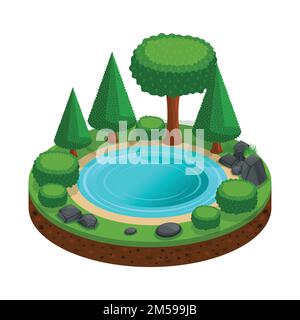 Isometrische Insel mit einem kleinen Waldsee, Bäumen, Landschaft zum Erstellen von Grafikspielen. Farbenfrohe Basis für Camping. Stock Vektor